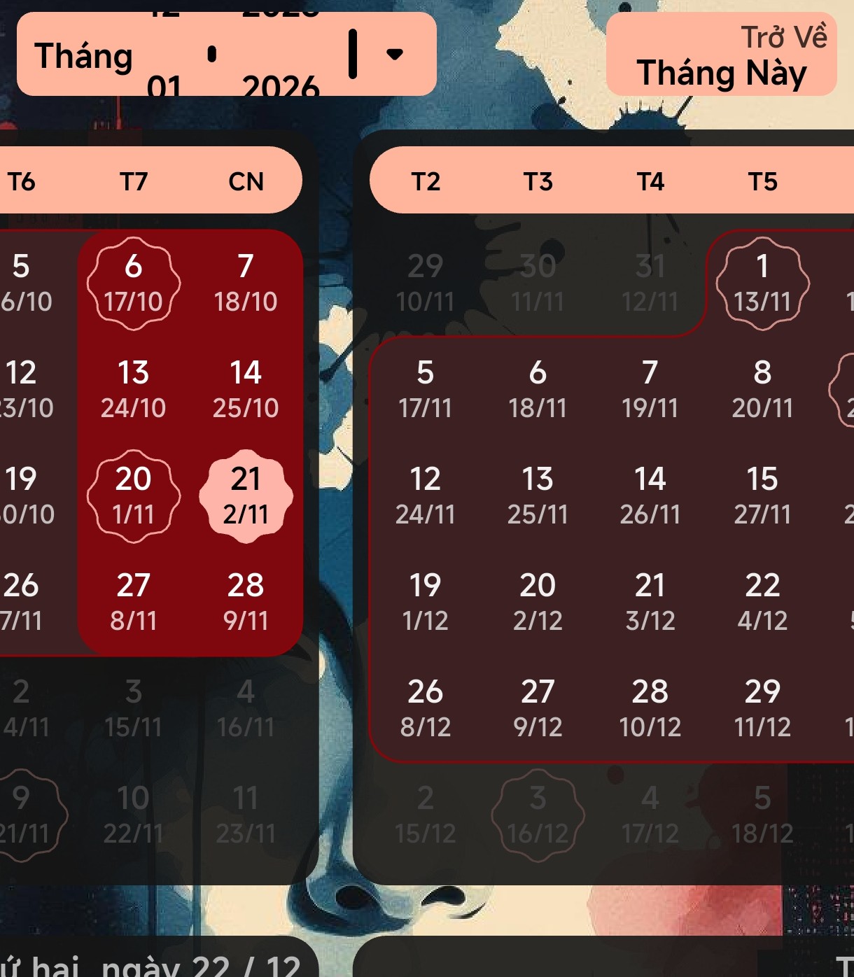 Thao tác chuyển đổi giữa các tháng